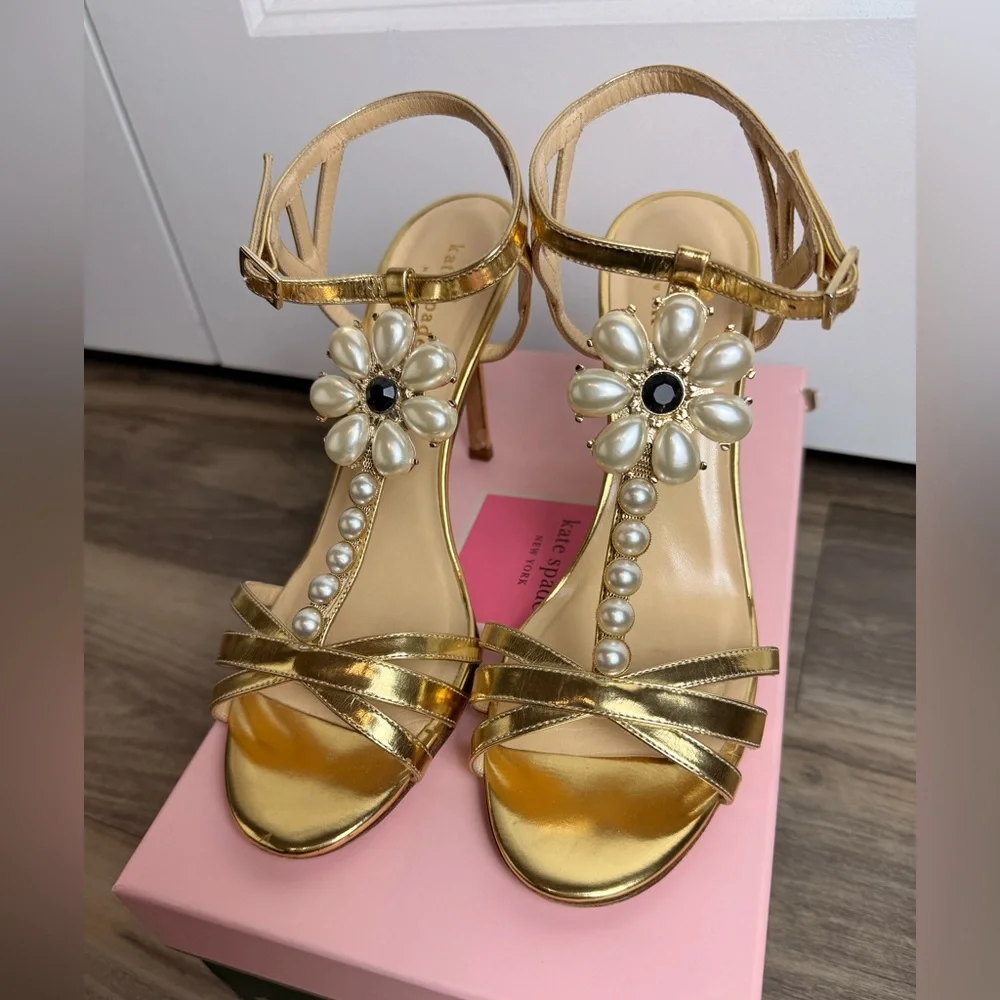RARE Kate Spade Made In Italy Gold Pearl‎ Floral Heels 8.5B Stiletto